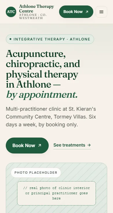Mobile homepage built for Athlone Therapy Centre, showing treatments and an appointment request form